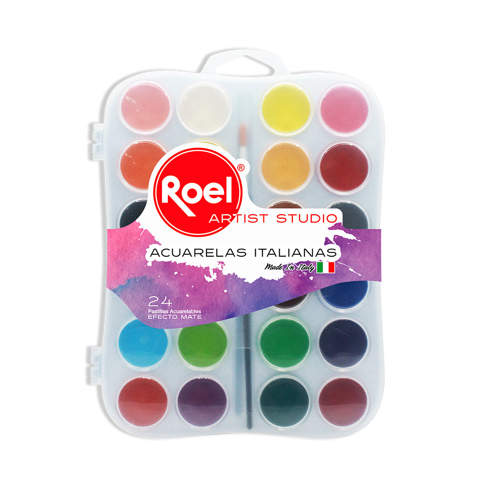 Acuarelas Italianas Roel Efecto Mate – Estuche con 24 Pastillas de 30 mm