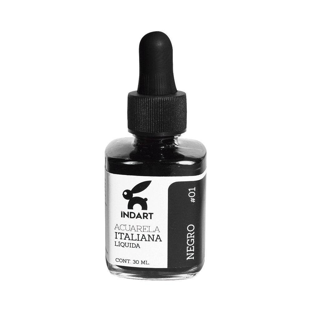 Acuarela Líquida Italiana Indart Frasco de Vidrio 001 Negro 30ml