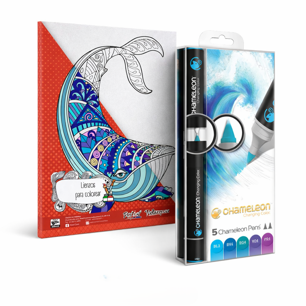 Kit Creativo Para Regalo | Lienzo Roel Ballena + Set Marcadores Chameleon Tonos Fríos