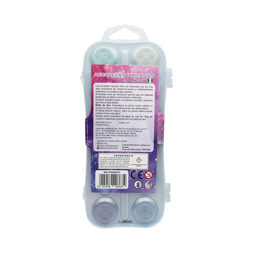 Acuarelas Roel Italianas Efecto Aperlado y Fluorescente – Estuche con 12 Pastillas de 30 mm