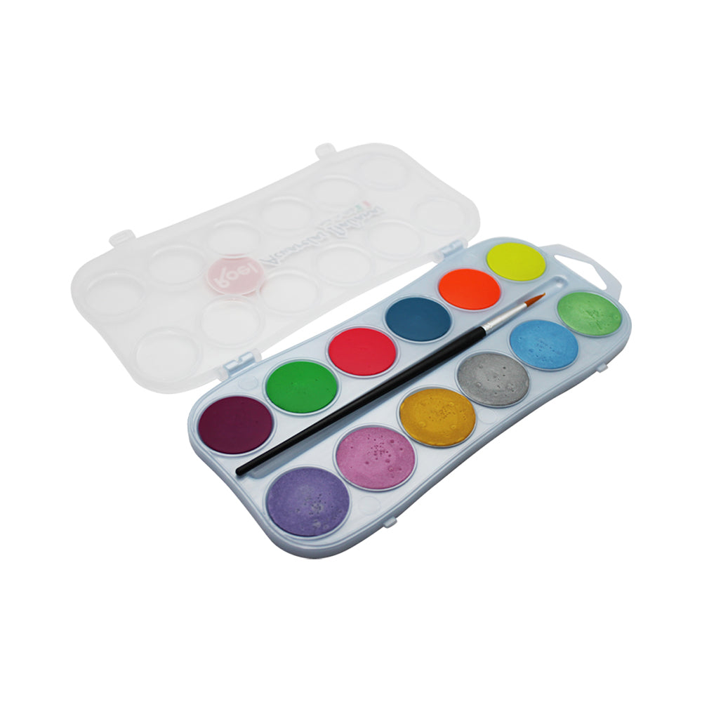 Acuarelas Roel Italianas Efecto Aperlado y Fluorescente – Estuche con 12 Pastillas de 30 mm