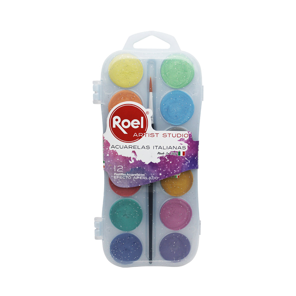 Acuarelas Roel Italianas Efecto Aperlado y Fluorescente – Estuche con 12 Pastillas de 30 mm