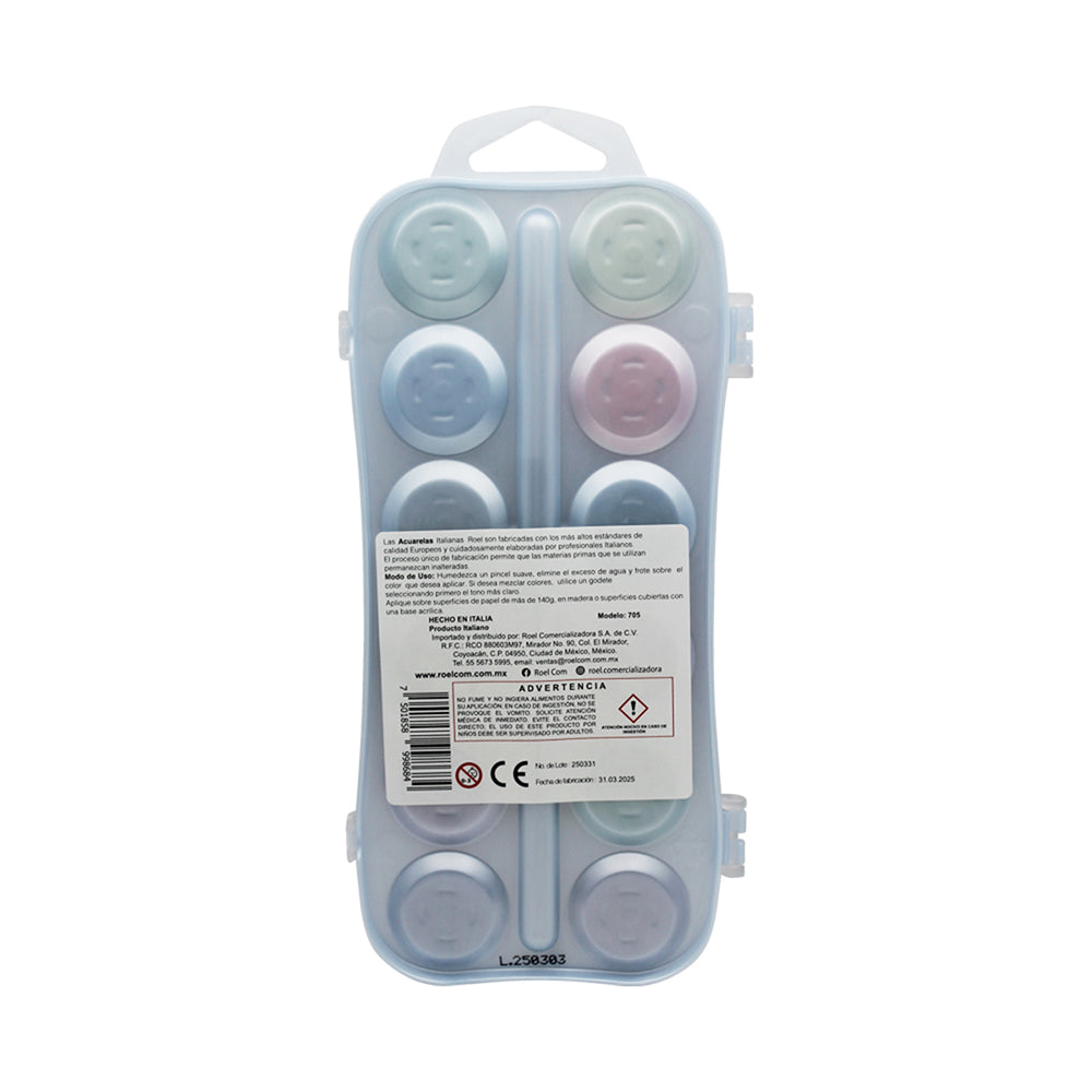 Acuarelas Italianas Roel Efecto Aperlado – Estuche con 12 Pastillas de 30 mm